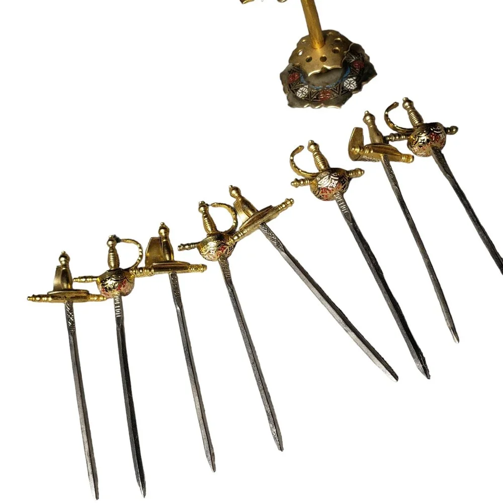 Vintage Brass 8 Sword Appetizer Hors D'oeuvre Pick Set
